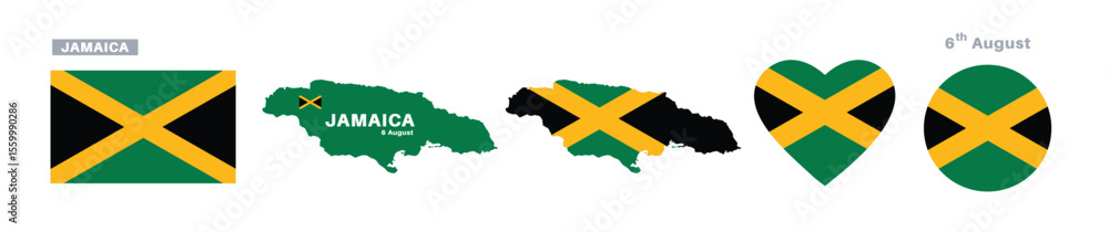 Fototapeta premium jamaica flag and map set. jamaica flag in official colors and proportions. independence day 6 august , map, circle and heart shaped jamaica
