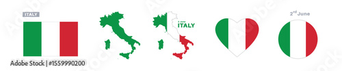 italy flag and map set. italy  flag in official colors and proportions. independence day 2 june , map, circle and heart shaped italy 	
