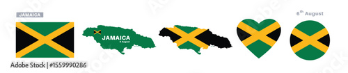 jamaica flag and map set. jamaica flag in official colors and proportions. independence day 6 august , map, circle and heart shaped jamaica

