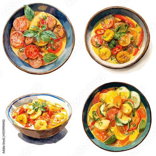 Colorful heirloom tomato salad with basil leaves and olive oil in ceramic bowls—perfect for Mediterranean cuisine visuals and healthy, fresh meal designs.

