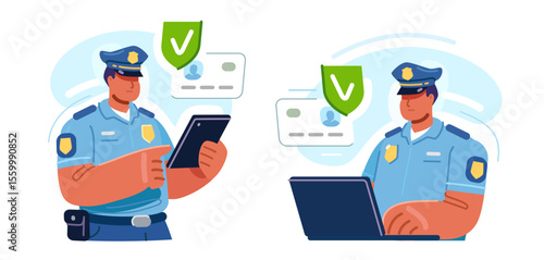 Police officer, policeman at work. Law enforcement, representative of state security. Protection of rights, control