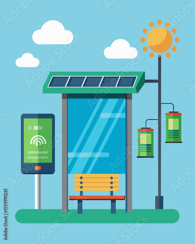 A technologically advanced bus stop that has a touch screen display powered by solar panels providing realtime updates on bus routes and schedules.. Vector illustration