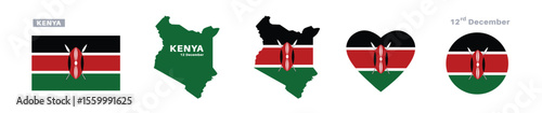 kenya flag and map set. kenya flag in official colors and proportions. independence day 12 december , map, circle and heart shaped kenya 
