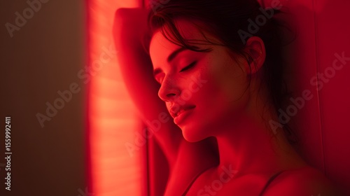 Intense Red Light Therapy Session – Serene Model Under LED Panel Glow

