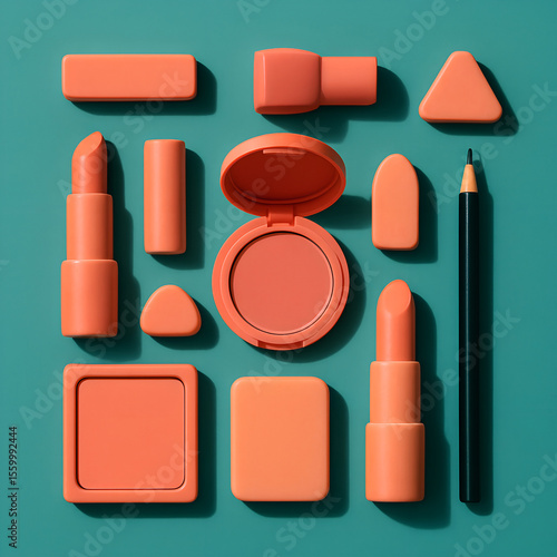 Coral makeup products and pencil arranged on teal background
