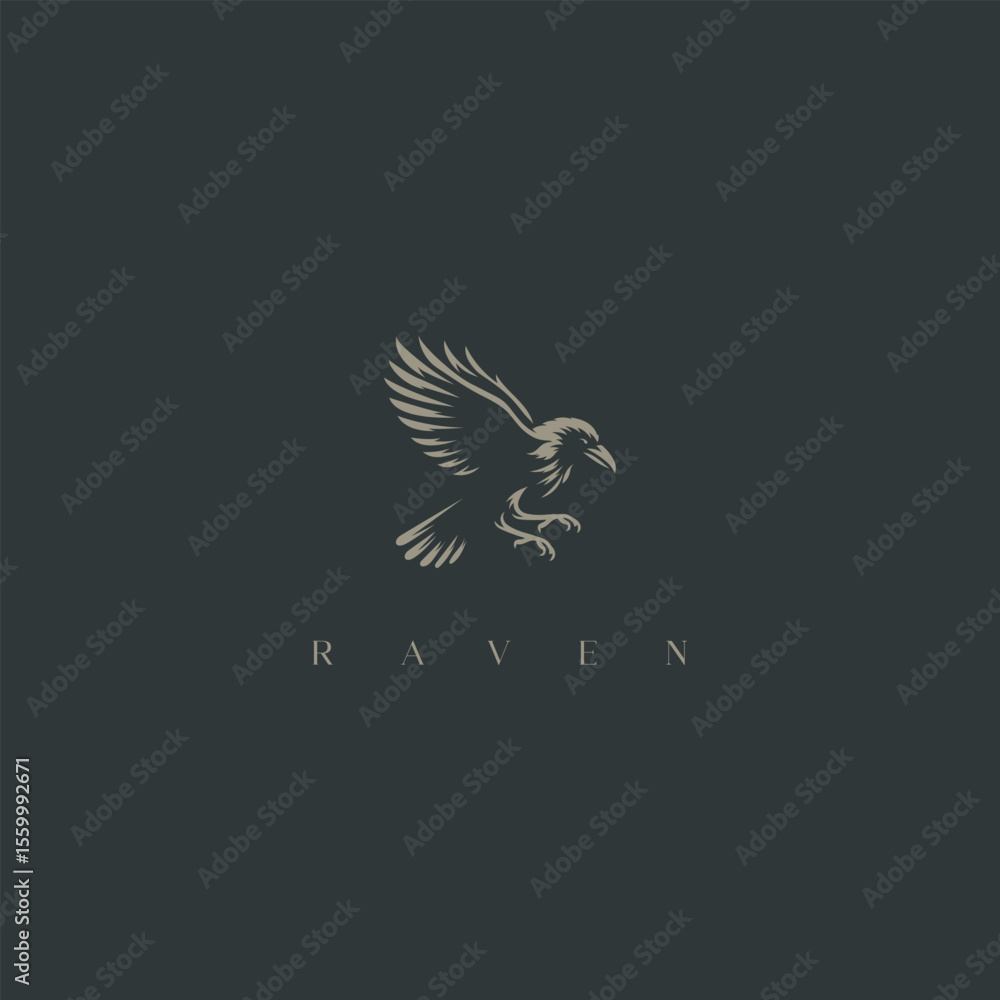 Obraz premium Minimalist Raven Logo, Simple Black Bird Icon with Wings and Claws