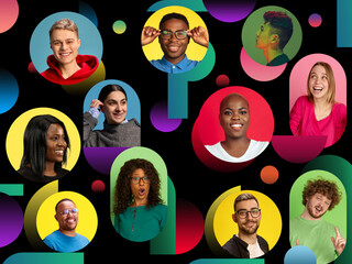 Portraits of people from different backgrounds showing emotions and expressions against colorful backdrops. Concept of social media and influencer branding, public awareness campaigns