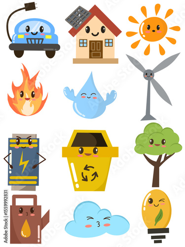 Icon illustration on the theme of sustainable living and green technology with cute cartoon style
