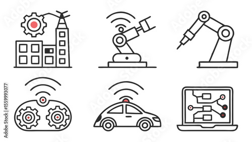 Depiction of factory with gear, robotic arms, wireless remote, car, and laptop in outline style
