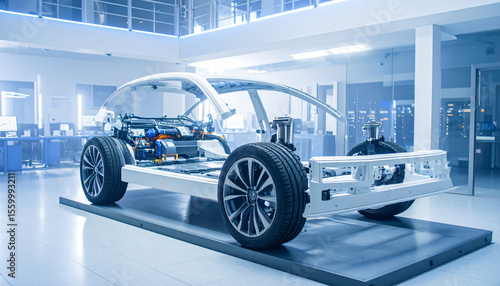 Futuristic electric vehicle with transparent body showing internal systems, displayed in a high-tech lab with advanced lighting and clean environment.