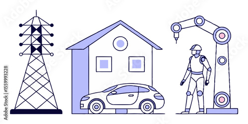 Tower house car robot and robotic arm depicting a futuristic automated home and manufacturing scenario