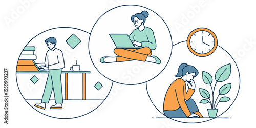 Scenes depicting people working from home with laptops and desks in a modern artistic style