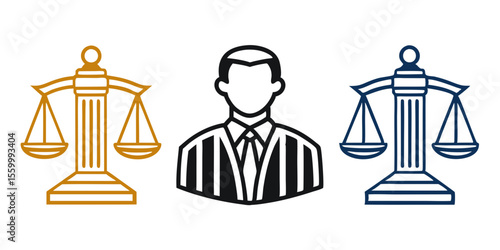 Stylized depiction of scales of justice flanking a person in a suit against white backdrop