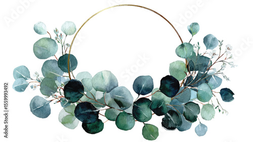 Watercolor eucalyptus leaves decorate a golden circle wreath border