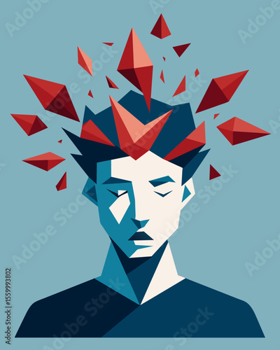 A burst of jagged shards and shattered pieces flying out of a persons head representing their fractured mental state due to stress.. Vector illustration
