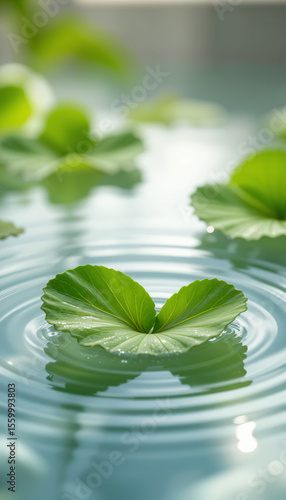Fresh gotu kola leaves floating on water with soft ripples and dew drops, evoking natural purity, wellness, and herbal skincare aesthetics.