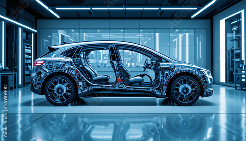 Futuristic electric vehicle with transparent body showing internal systems, displayed in a high-tech lab with advanced lighting and clean environment.