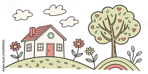 A charming dwelling with a red roof and door nestled beside a heart adorned tree under fluffy clouds
