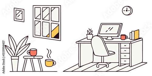 A room with a desk, computer, chair, window, plant, and mugs, creating a cozy workspace scene indoors