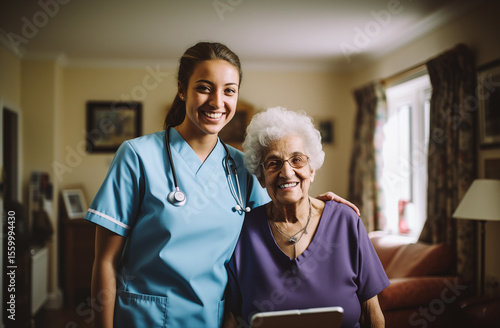 Una joven enfermera sonriente ayuda a una anciana con un andador en un interior luminoso, similar a una residencia de ancianos. Imagen que transmite cuidado, empatía y apoyo profesional.