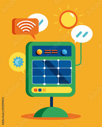 A solarpowered language translator device that helps students learn new languages while being environmentally friendly.. Vector illustration