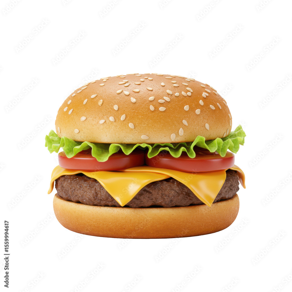 Classic cheeseburger with lettuce and tomato on sesame seed bun Classic cheeseburger with lettuce and tomato on sesame seed bun