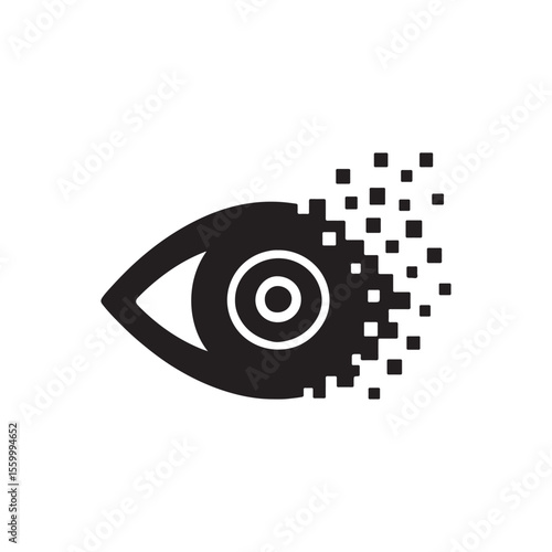 Black and white graphic of an eye with a pixelated dissolving effect on the side