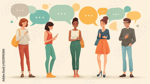 Group of diverse young adults communicating with phones and speech bubbles
