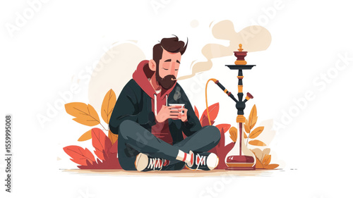 Man relaxing with hookah and coffee outside on autumn day