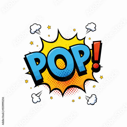 Comic book style art with yellow speech bubble and blue letters forming word pop. Illustration displays exclamation mark and halftone effect, stars and dynamic smoke puffs.