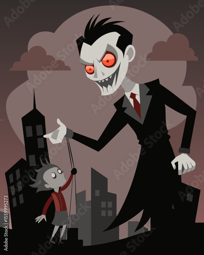 A figure with a sinister smile manipulating a lifeless puppet into a twisted dance against a backdrop of crumbling buildings.. Vector illustration