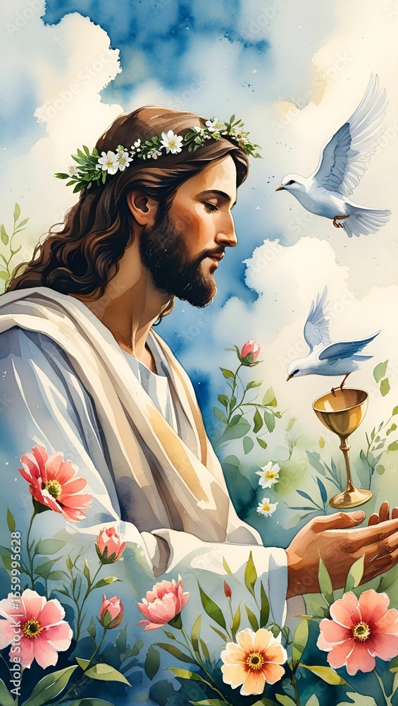 Obraz premium Jesus smiles in a summer garden full of flowers, radiating natural joy and beauty, embracing freedom.
