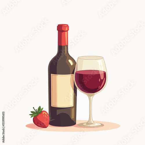 Wine bottle and glass illustration with strawberry beside them. Wine bottle and glass composition offers classic simplicity and elegance, showcasing rich color of beverage with inviting fresh fruit.