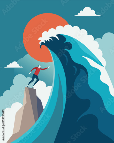 A figure climbing a cliff desperately trying to reach higher ground as a giant stress wave looms behind them.. Vector illustration