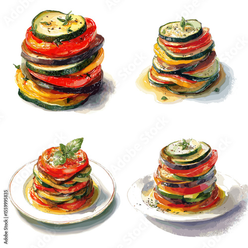 Artistic illustration of stacked ratatouille featuring layered zucchini, tomato, and eggplant in a savory sauce—ideal for vegetarian recipes and French cuisine content.

