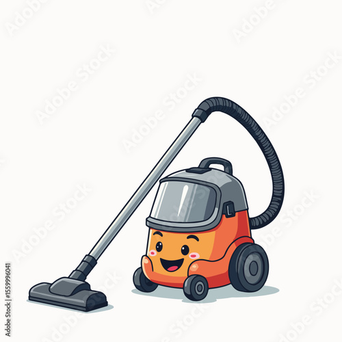 Playful vacuum cleaner character, with smiling face and cartoon design, for home cleaning. This cartoon vacuum cleaner, perfect for adding a touch of whimsy to chores, is cheerful and approachable.