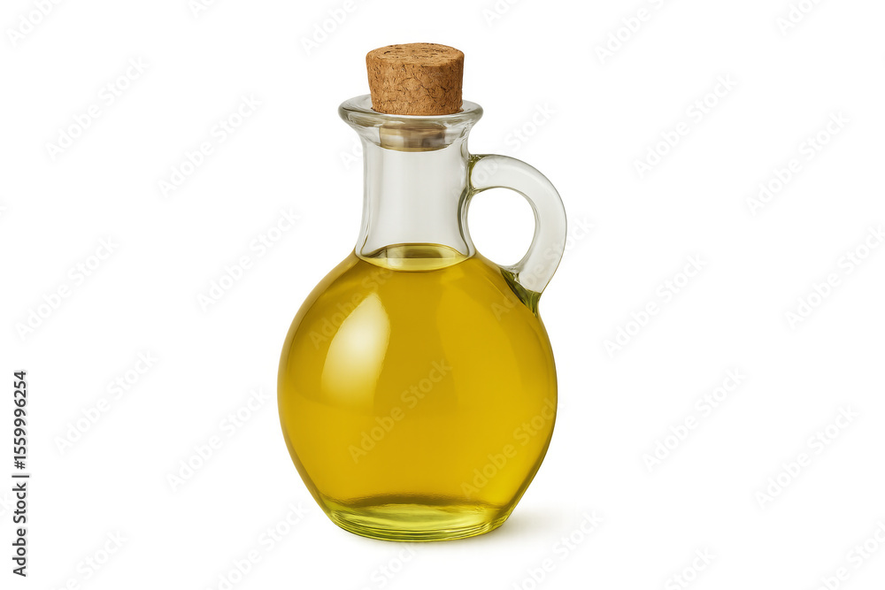 Glass jug filled with golden olive oil on transparent background Glass jug filled with golden olive oil on transparent background