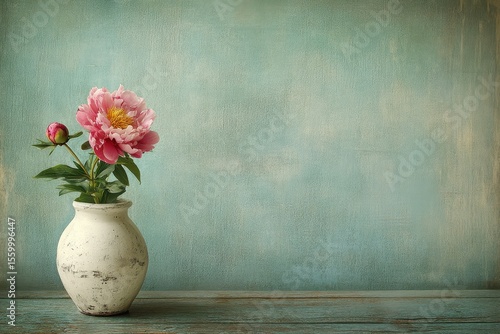 Wallpaper Mural Pink peony flowers in a distressed white vase on a vintage wooden floor, A distressed white vase holds pink peony flowers, set against a vintage wooden floor Torontodigital.ca