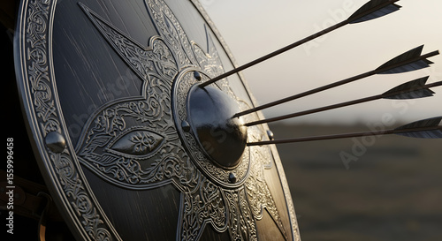 Several arrows are embedded in an ornate medieval shield symbolizing defense attack and resilience