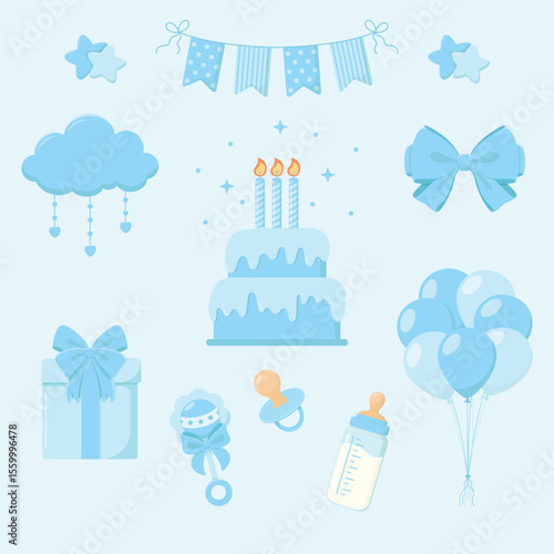 Gender reveal props in blue colours. Air balloons, flags garland, gift box with bow, cake with candles, bottle with milk, rattle, bow, baby pacifier. Gender party. Baby shower vector illustration. 
