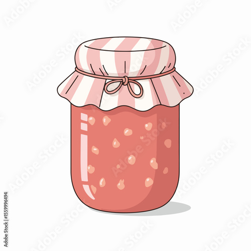 Strawberry jam jar with striped fabric cover on top, a sweet and fruity treat. Strawberry jam jar displays homemade deliciousness, sealed with traditional fabric.
