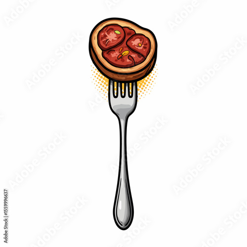 Steak on fork featuring grilled meat with tomato topping held up. Steak on fork showcases delicious, juicy steak topped with fresh sliced tomatoes.