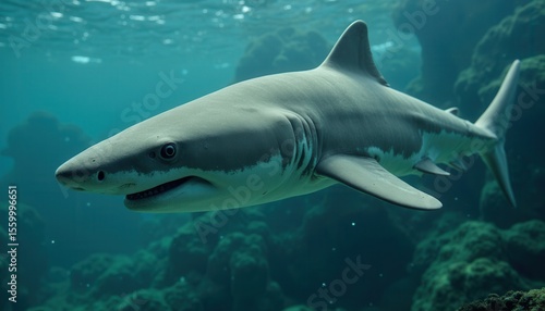 Shark swimming in ocean depths with coral reef