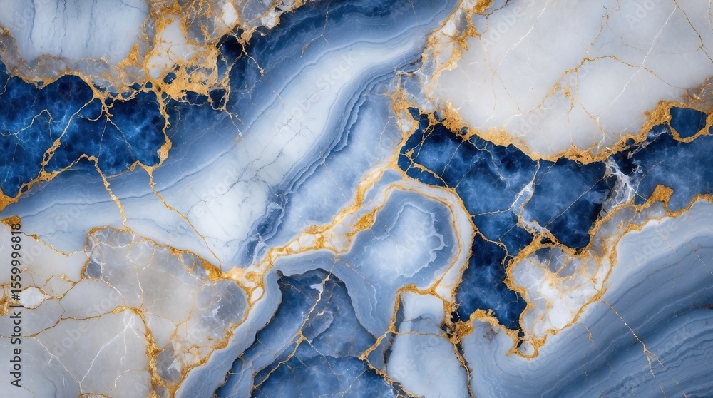 Fototapeta premium A Surface of Blue Marble with White Veins and Golden Patterns Appears as a Luxurious Stone Texture for Interior Design