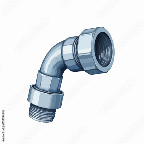 Depiction of a soaker hose connector shows metal joint with screw threads and nut. Soaker hose connector allows irrigation systems to join various pipes and tubes efficiently.