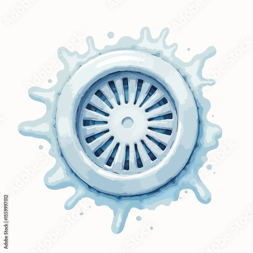Shower drain with hair catcher illustration on plain background, ready to catch hair. Shower drain with hair catcher setup has water splashing from drain holes, drain,