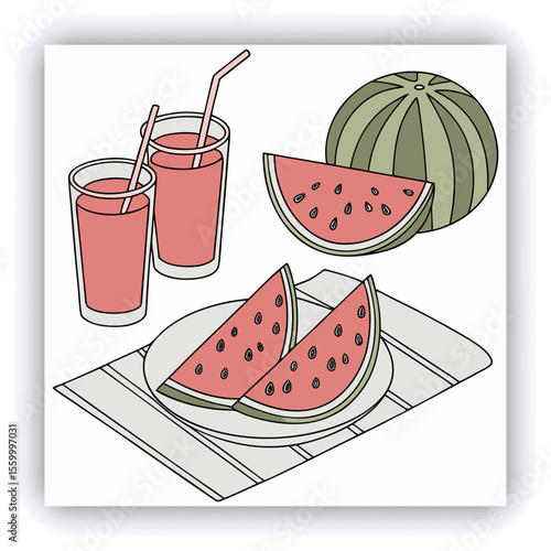 Banner image for design, web site. Watermelon drink in glasses and slices of watermelon on plate on light gray table background. Table top view with copy space