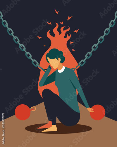 A person is ensnared by chains labeled with gaslighting ultimatums and manipulation feeling powerless and ped.. Vector illustration