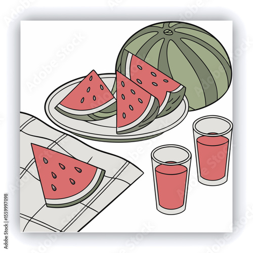 Banner image for design, web site. Watermelon drink in glasses and slices of watermelon on plate on light gray table background. Table top view with copy space