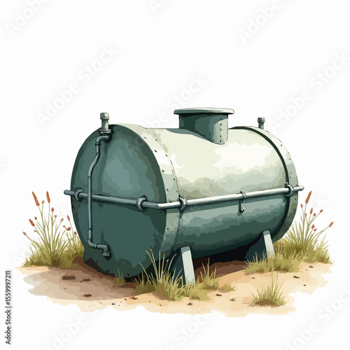 Septic tank showcases a cylindrical reservoir design for wastewater treatment and sewage management. Septic tank, crucial for onsite sanitation, featuring inlet and outlet pipes, and access hatch.